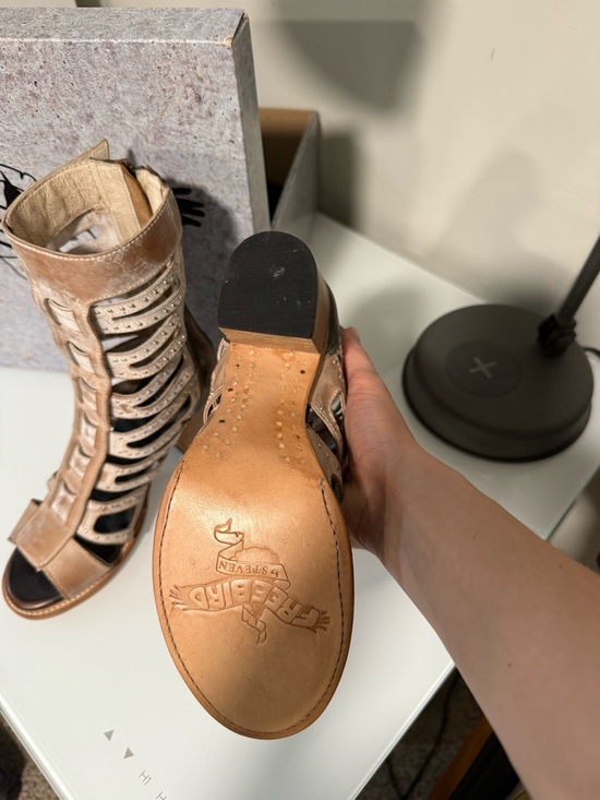 Freebird by Steven Beige Taupe Cutout Gladiator Block Heel Sandals